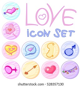Love doodle set, round cute icons collection, vector