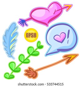 Love doodle sticker set, cute cartoon icons collection, vector hearts, cupid arrow, feather