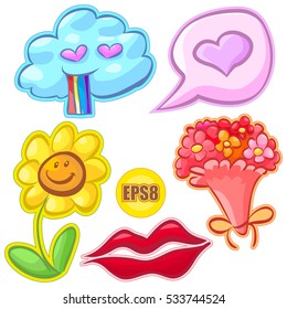 Love doodle sticker set, cute cartoon icons collection, vector cloud, rainbow, heart, lips, flower bouquet