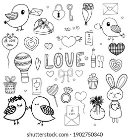 Love doodle vector set with decorative elements.