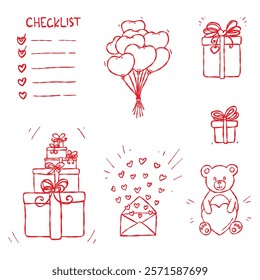 Love Doodles. Balloons, gifts, teddy bear and more. A set of hand drawn elements, isolated red contour on a white background. Suitable for web design, greeting cards, stickers, prints, and stationary