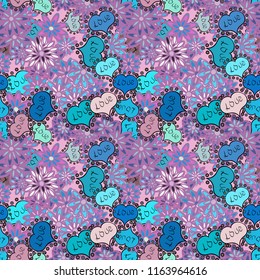 Love. Doodles and curls. Invitation, menu, flyer, template. Violet, blue and neutral colors on background With Ornaments, Hearts. Seamless Happy valentines day and wedding design elements. Vector.