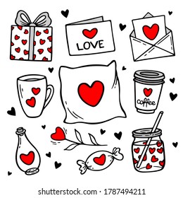 Love doodles elements. Cute hand drawn set of icons with gift, hearts, letter, cups, gifts, potion. Vector illustration. Design for prints, cards and coloring page. Valentine's day theme poster. 