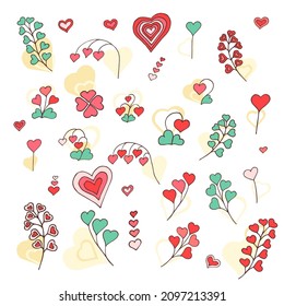Love doodles elements. Cute hand drawn set of icons with hearts, plants, leaves, berries in the shape of hearts. Vector illustration. Design for prints, cards and coloring page. Valentine's day poster