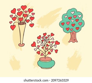 Me encantan los elementos de garabatos. Juego de íconos dibujados a mano con un árbol con corazones, un jarrón con flores en forma de corazones. Ilustración vectorial. Diseño para impresiones, tarjetas y página de coloreado. Día de San Valentín