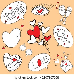 Love doodles elements. Cute hand drawn set of icons with heart, champagne, flower balls, letter, inscriptions love, eye, gift box. Vector illustration