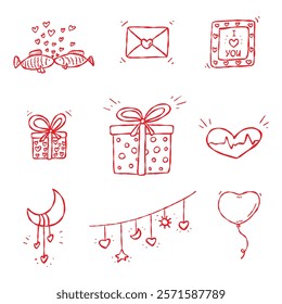 Love Doodles. Gifts, garlands and more . A set of hand drawn elements, isolated red contour on a white background. Valentine s, gifts, web design, greeting cards, stickers, prints, and stationary