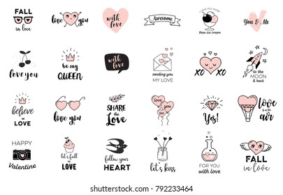 Love doodles, hand drawn illustrations and quotes collection with lettering