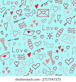  Patrón de garabatos de amor con sobres, corazones, alas, llaves sobre fondo azul claro para San Valentín Stock