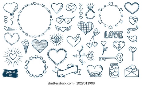 Love doodles set. Hearts sketches. Valentines day. Romantic collection. Hand drawn effect vector. Wedding and marriage doodles. Love theme simple sketches. Hearts scribbles.