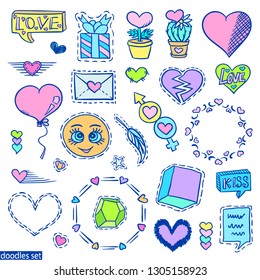 Love doodles set. Valentines day stickers. Cute romantic patch badges. Hearts. Romantic. Emoticons.