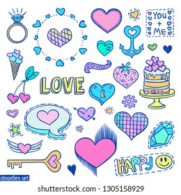 Love doodles set. Valentines day stickers. Romantic patch badges. Hearts. Emoticons.