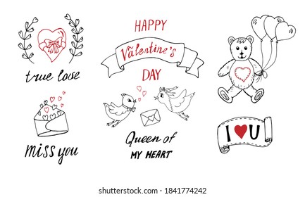 Love doodles set. Valentine's Day hand drawn doodles, love symbols, love messages, design elements. Can be used for postcards, invitations, printing, gift wrapping, making, sewing. Romantic background