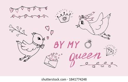 Love doodles set. Valentine's Day hand drawn doodles, love symbols, love messages, design elements. Can be used for postcards, invitations, printing, gift wrapping, making, sewing. Romantic background