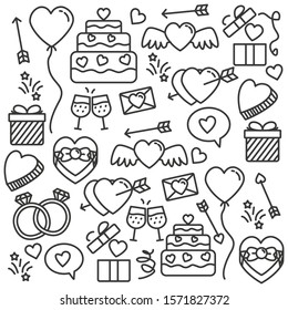 Love doodles vector illustration. Set of love and wedding element vector with black hand drawn design. 