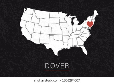 Love Dover Picture. Map of United States with Heart as City Point. Vector Stock Illustration