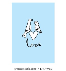 Love doves couple and heart card design. Vector illustration. Two pigeons line drawing suitable for wedding invitation or valentines day.