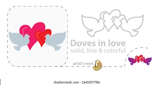love doves with heart flat icon. line icon