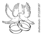 Love Doves with Wedding Bands – Elegant Black and White Illustration