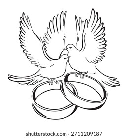 Liebestauben mit Hochzeitsbändern - Elegante Schwarz-Weiß-Illustration