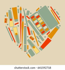 Love to draw. Watercolor paints, pencils,  brushes, markers in frame with heart. Vector illustration