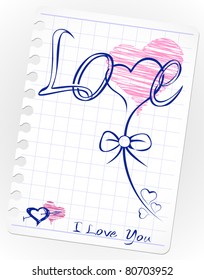 love drawing doodles card. Hand drawn hearts, love, kiss, lipstick, heart shape, shape, stamp. Vector doodles on lined paper. Love Sketchy illustration