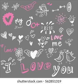 Love drawing sketch vector Idea Concept with Doodle design style :Hand drawn vector illustration set of love element. color background