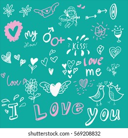 Love drawing sketch vector Idea Concept with Doodle design style :Hand drawn vector illustration set of love element. color background