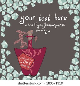 Love. Drink me. Artistic card with frame and text area.