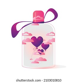 Me encanta beber. Botella de poción con nubes y corazones.