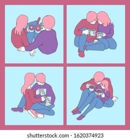 Сouples in love drink tea and cuddle. Cozy and tender valentine drawings. Flat vector illustrations mini set.
