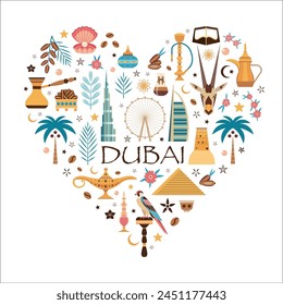 I Love Dubai travel card with famous Emirates symbols and buildings stylised in heart shape. UAE postcard or poster print with tourist landmarks, animals, arabic food and architectural monuments.