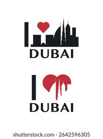 I love Dubai vector art, badge, tag, icon, logo concept. UAE city landmarks and heart isolated image layout for print, image, card