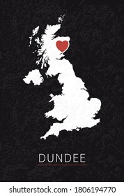 Love Dundee Picture. Map of United Kingdom with Heart as City Point. Vector Stock Illustration