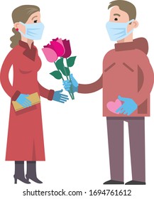 Love during coronavirus quarantine. A man in a protective mask and gloves gives flowers to a woman in a red dress, a protective mask and gloves. Flat vector illustration.