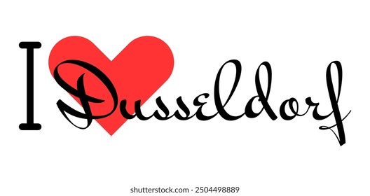 I love Dusseldorf, city of Germany. Hand drawn letters with red heart. Vector illustration lettering, modern design for print t shirt, banner, poster, sticker or label.