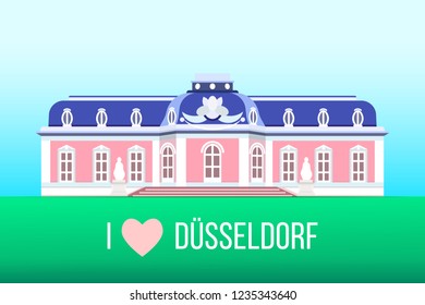 I love Dusseldorf - vector illustration Benrath Palace icon, Schloss Benrath Park, travel attraction, flat line style design element, World Heritage Site building landmark of Bavaria, Germany