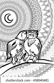 Love. Eagle owl. Birds. Black white hand drawn doodle.Vector illustration. Design. Sketch for adult antistress coloring page, tattoo, poster, print. 