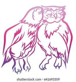 Love. Eagle owl. Birds. hand drawn doodle.Vector illustration. Design. Sketch for adult antistress coloring page, tattoo, poster,  print on Cover or T-shirt. With a gradient from violet to pink