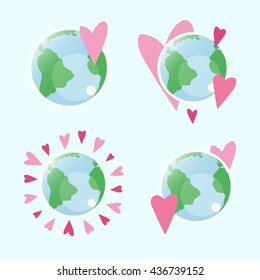 Love the Earth. Bright colors. Save the world. Sticker, icon set. Vector art.