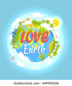 Love Earth concept with our colorful flourishing planet on blue background. Vector illustration of clean environment in world