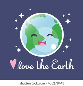 Love The Earth. Cute Drawing With Lettering. Save The World. Space. Dark Background. Vector.