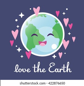 Love The Earth. Cute Drawing With Lettering. Save The World. Space. Dark Background. Vector.