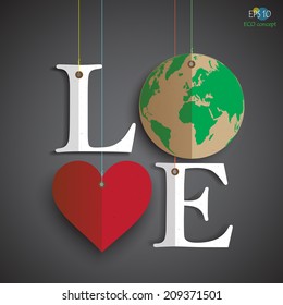 love the earth, design of abstract artwork of hung symbols made by recycled paper, vector illustration on black background