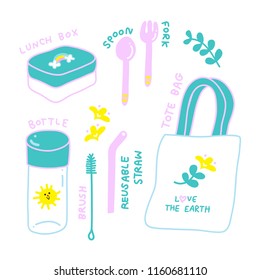 Love the earth element. There are lunch box, spoon and fork, plastic bottle, reusable straw with brush and tote bag.