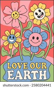 Love earth floral groovy banner