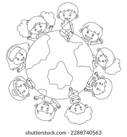 Love Earth Isolated Coloring Page for Kids, Earth Coloring Pages, Earth Vector pages, Earth line art for kids.