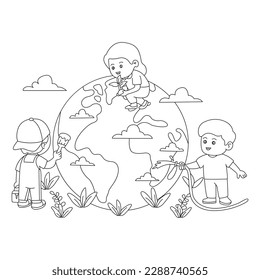 Love Earth Isolated Coloring Page for Kids, Earth Coloring Pages, Earth Vector pages, Earth line art for kids.
