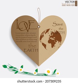 love earth paper work design, heart shape recycle paper and the globe logo with art text background and desi flowers