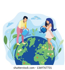 Love Earth, Planet Metaphor Flat Illustration. Responsible Agriculture, Soil Use Approach. Cartoon Couple Watering Sprout Isolated Characters. Flowers Blooming on Continents. Eco-Friendly Mindset